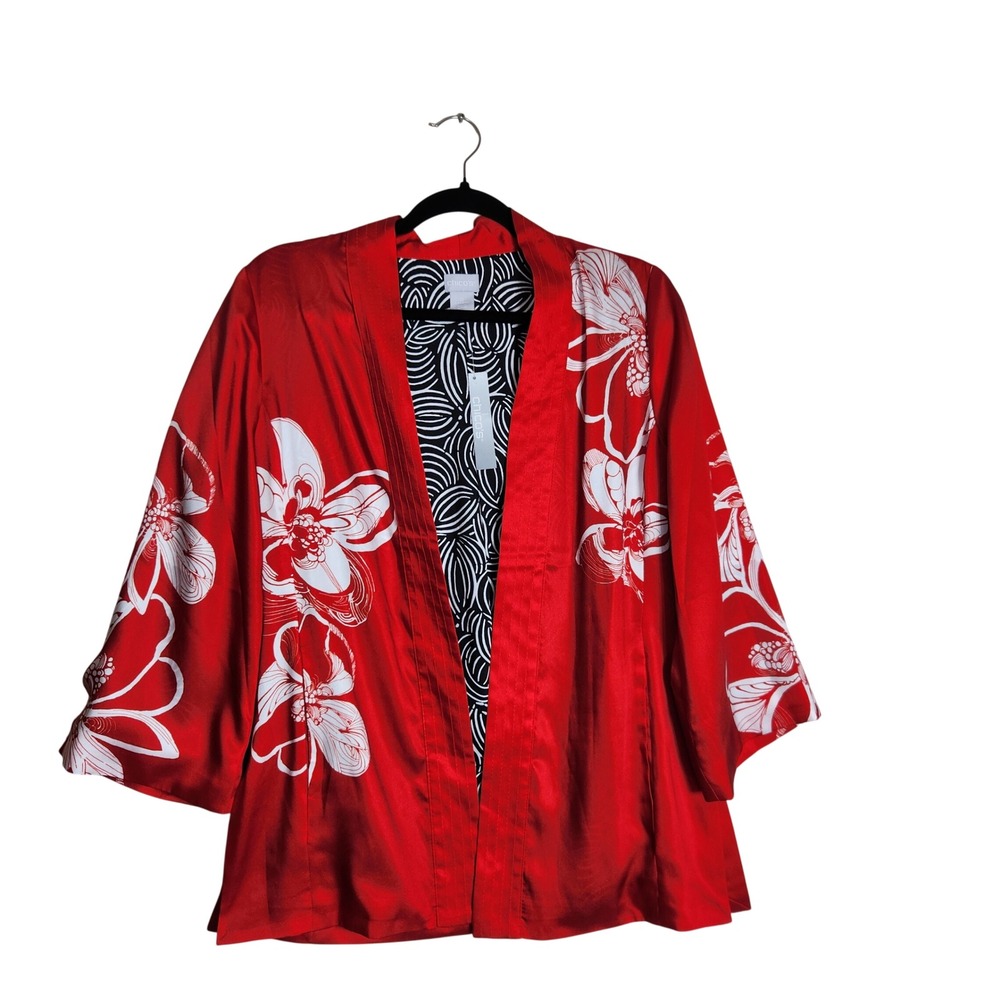 Chico's Batik Dream Soft Jacket Flame Scarlet Red Floral Kimono Size 0 XS S